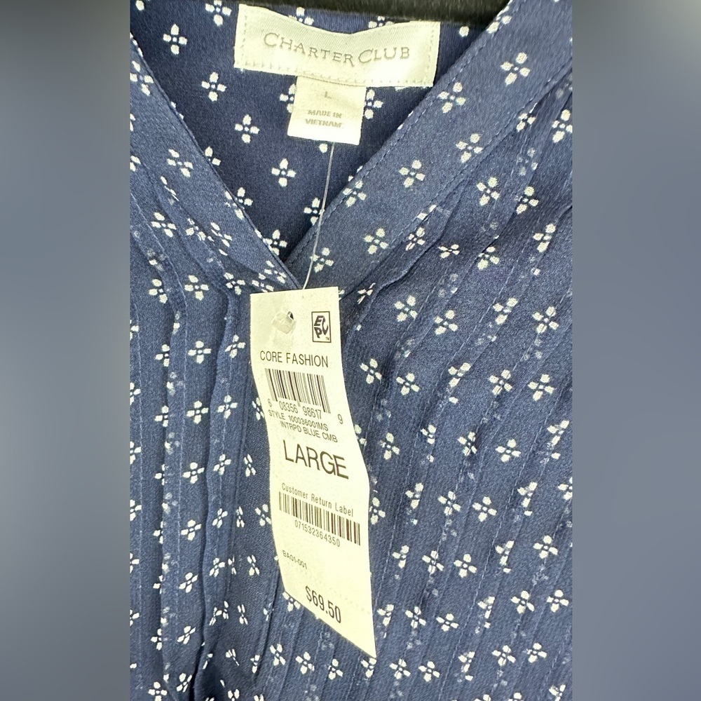 Charter Club New Blue & White Print Blouse Sheer Front Overlay Ruffle Sleeve, L - Picture 2 of 5